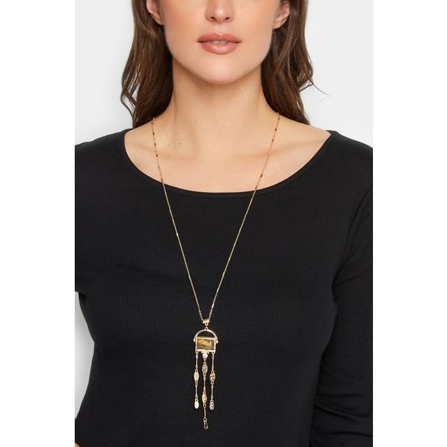 Gold Gemstone Triple Drop Long Necklace - One Size