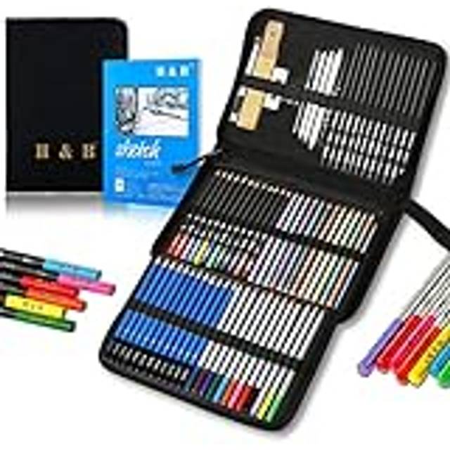 Drawing Pencils and Sketch Pad 72 Pieces,H & B Artist Colouring Pencils Sketching Set, Complete Sketch Kit Includes Graphite Pencils,Colour Drawi