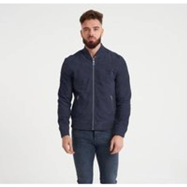 Slim Fit Real Suede and Leather 'Texas' Bomber Jacket - Navy - M