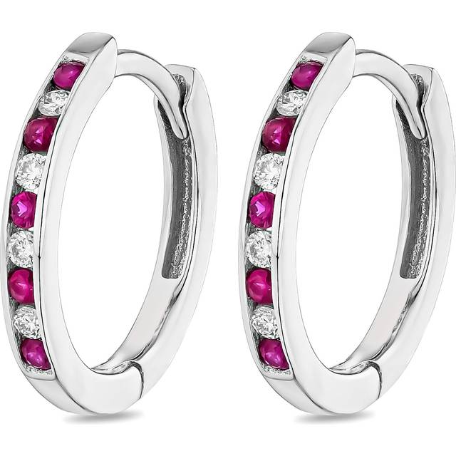 9ct White Gold Diamond Ruby Hoop Earrings