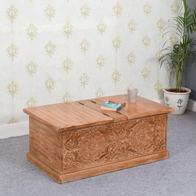 IH Design Carved Mango Wood Coffee Table/Blanket Box, Brown