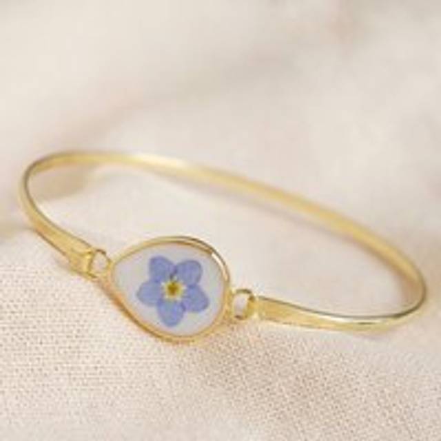 Real Pressed Forget Me Not Flower Bangle in Gold - gold/purple - one size