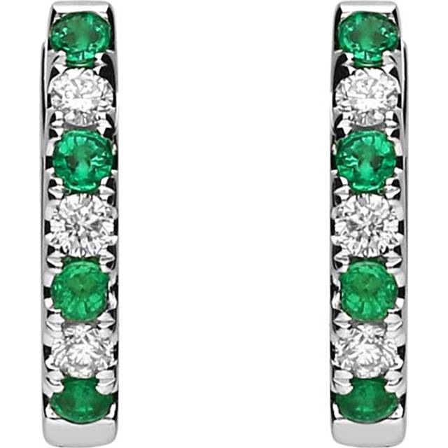 18ct White Gold Emerald and Diamond Huggie Hoop Earrings - White Gold