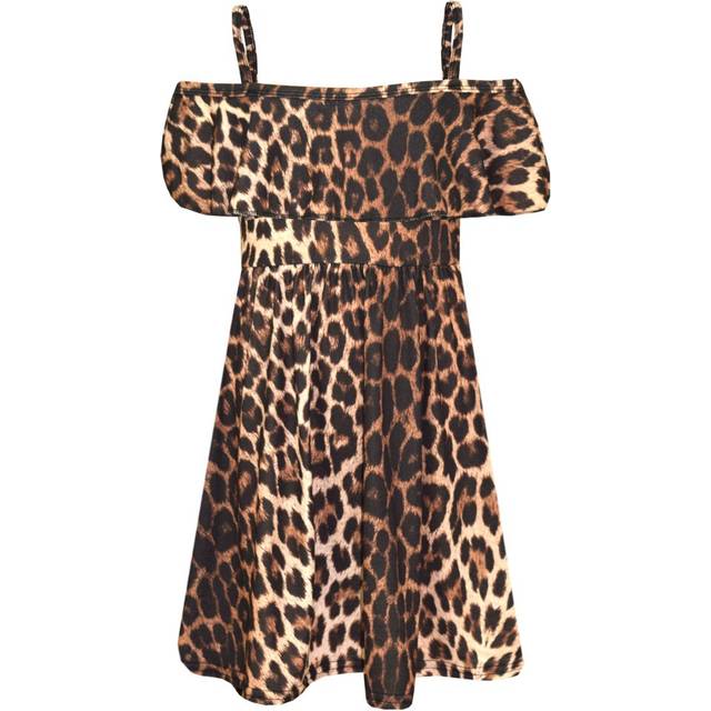 (7-8 Years, Leopard Print) Girls Skater Dress Kids Floral Print Summer Party Off Shoulder Dresses 7-13 Yr