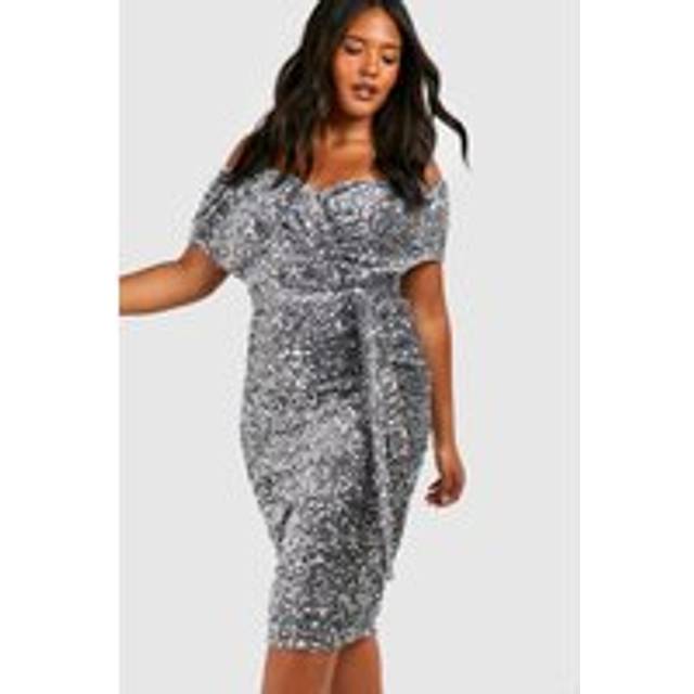 Womens Plus Sequin Off The Shoulder Wrap Midi Dress - Grey - 28, Grey