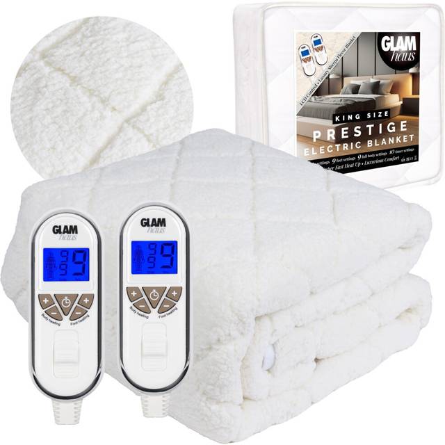 Glamhaus Electric Blanket King Size - Dual Control - Luxurious Diamond-quilted Sherpa Fleece - Heat & Timer Settings - Body & Feet Settings - Elasticated Skirt - Machine Washable (king), White