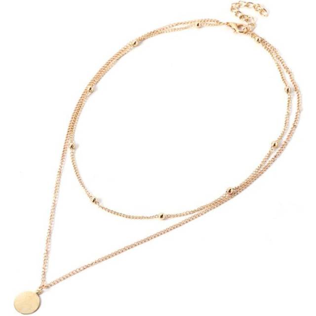 5PCS  Alloy  Double Layer Round Disc Necklace Gold Bead Chain Charm Necklace