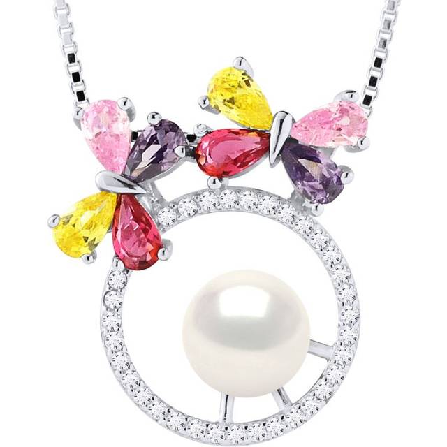 Diadema Womens BUTTERFLY Necklace Freshwater Pearl Round 8-9 mm White 925 Silver - One Size