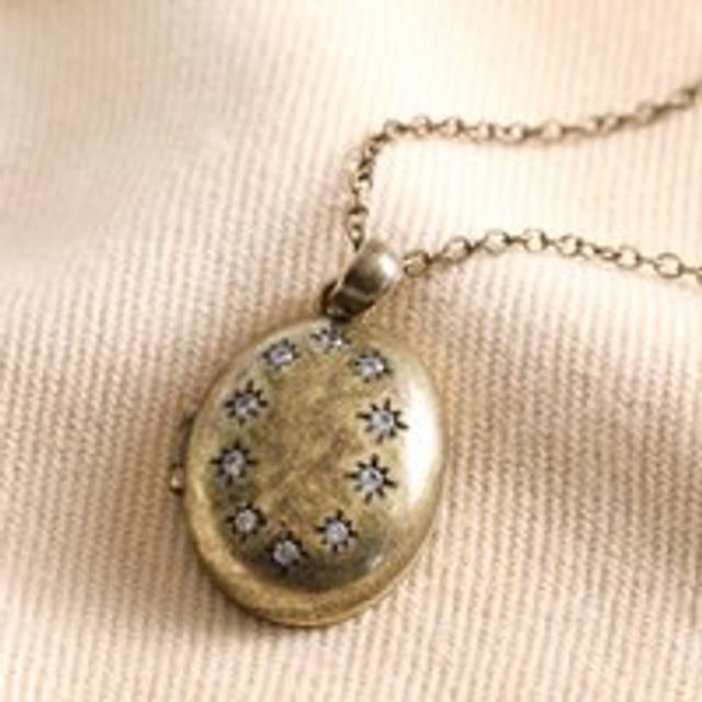 Antiqued Crystal Star Oval Locket Necklace in Gold - gold/clear - one size