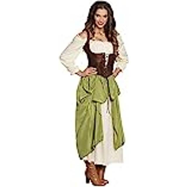 Boland - Dräkt för vuxna medeltida värdinna, medeltida kvinna, klänning med blus, underkjol, korsett, karneval, halloween, karneval, temafest, Grön/brun/vit