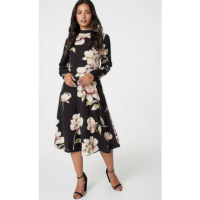 Floral Long Sleeved Midi Tea Dress - Black - Size 10 - Izabel London