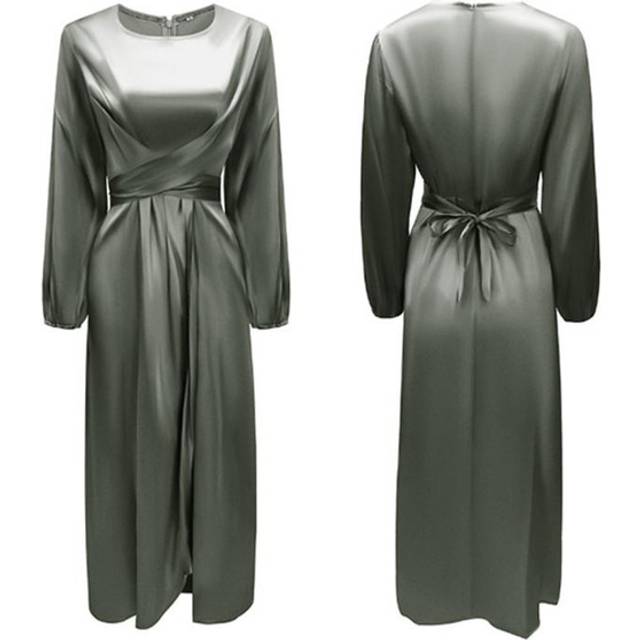 Satin Wrapped Long Sleeve Dress - Grey / XL