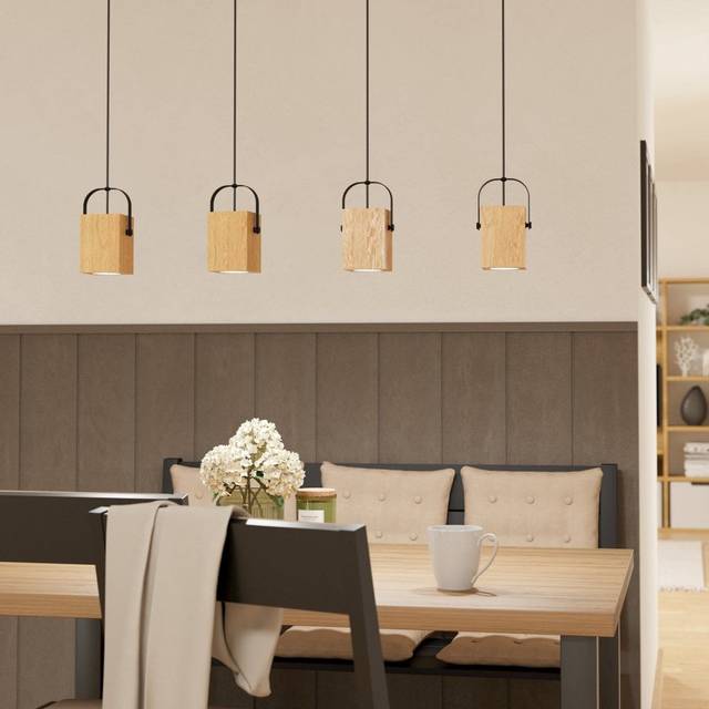 Eglo Ayles Four Drop Linear Pendant with Wooden Block Lamp Holders