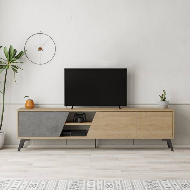 Decortie Fiona 3 Door 2 Shelf Retro Grey and Oak TV Unit - Multi - 48.0 x 180.0 x 35.6 cm