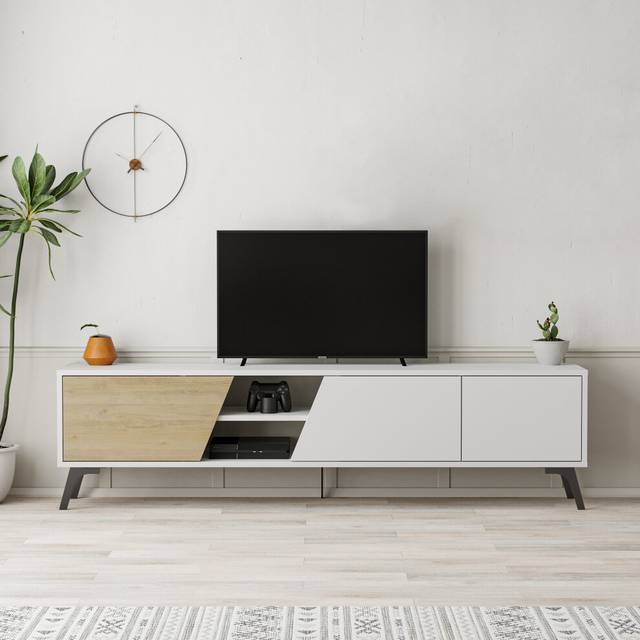 Decortie - Fiona Modern tv Stand Multimedia Centre tv Unit With Storage Cabinet 180cm - White / Oak - Oak