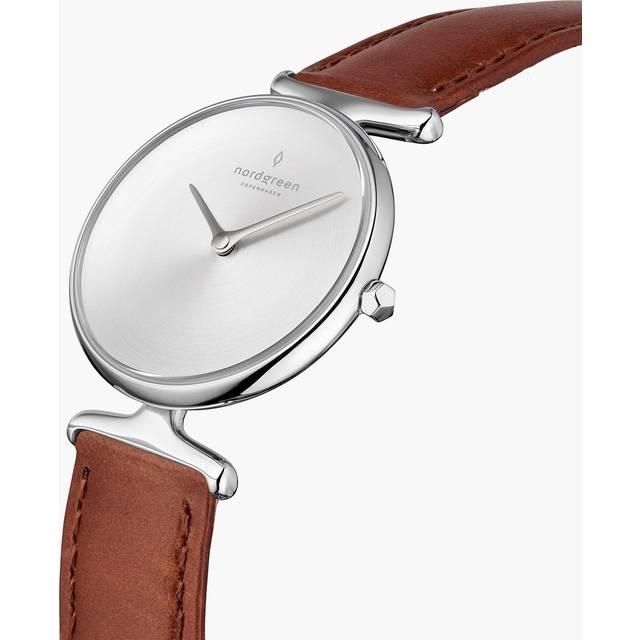 Nordgreen Women's Minimal Small Face Danish Watch - Silver Case - Brushed Metal Dial - 32mm Brown Leather Strap