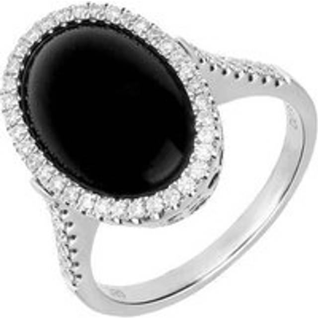 18ct White Gold Whitby Jet 0.38ct Diamond Open Heart Ring - White Gold