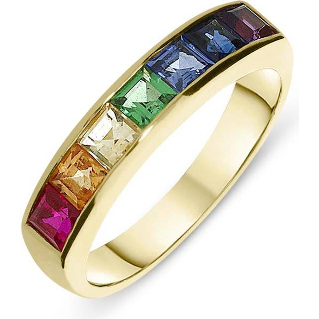 18ct Yellow Gold Rainbow Sapphire Princess Cut Half Eternity Ring - Option1 Value Yellow Gold