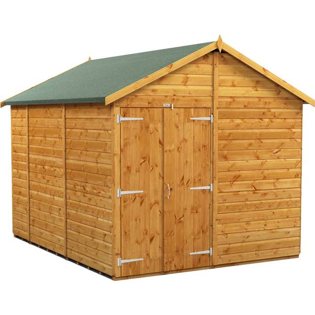 Powersheds Apex Roof Windowless Double Door Garden Shed, 10ft x 8ft, Golden Brown Timber