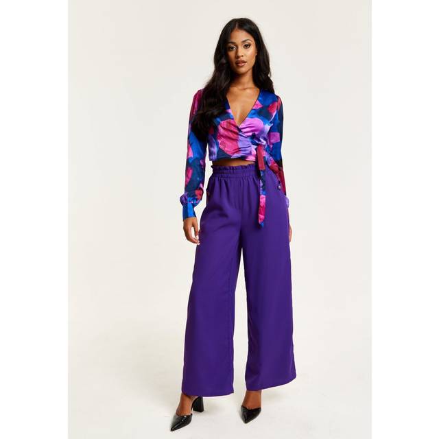 Womens Purple Wide Leg Trousers With Elasticated Waist - 6