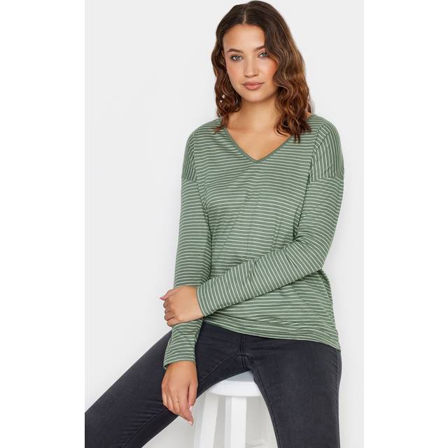 Lts Tall Sage Green & White Stripe Vneck Cotton Tshirt 10 Lts | Tall Women's Long Sleeve Tops