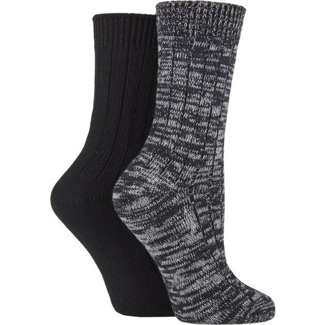 Women's 2 Pair SOCKSHOP Chunky Rib Cotton Boot Socks Black 4-8 Ladies