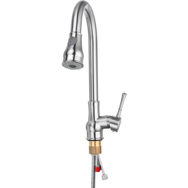 (Silver) Kitchen Sink Faucet Pull Out Sprayer 360 Rotate Single Handle Mixer Tap Copper