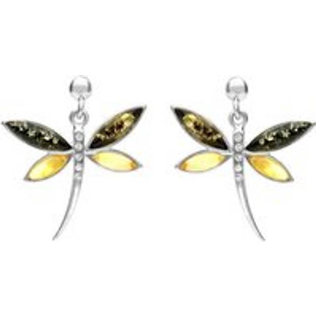 Sterling Silver Green Amber Cubic Zirconia Dragonfly Drop Earrings - Option1 Value Silver
