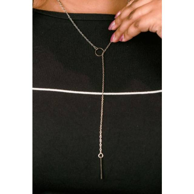 The Colourful Aura Gold Silver Single Long Slim Bar Drop Y Shape Circle Interlock Lariat Necklace - One Size