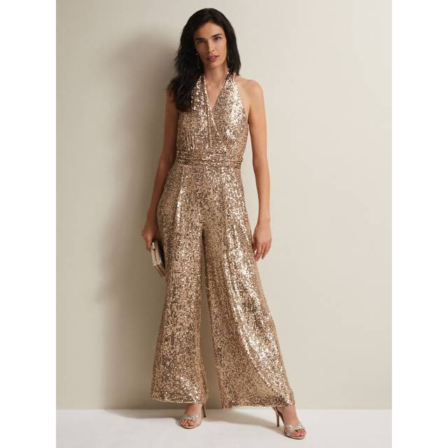 Phase Eight Women's Clarabella Gold Sequin Halterneck Jumpsuit - 8