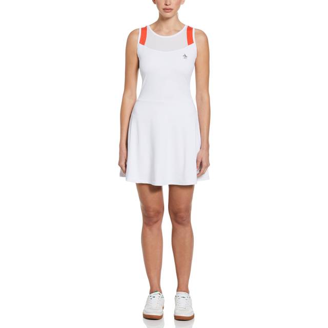 Original Penguin Women's Sleeveless Illusion Mesh Tennis Dress - Bright White, Size Large, Recycled Polyester/Elastane (L)