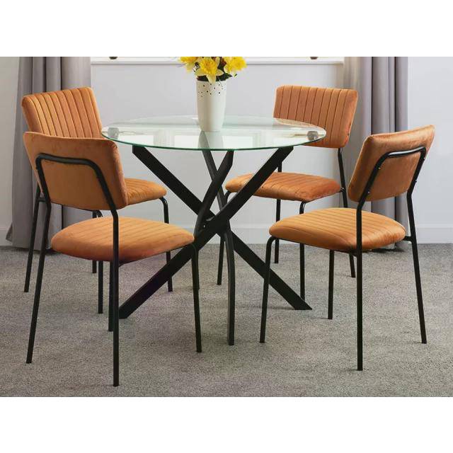 Sheldon Glass Round Orange Velvet Dining Set
