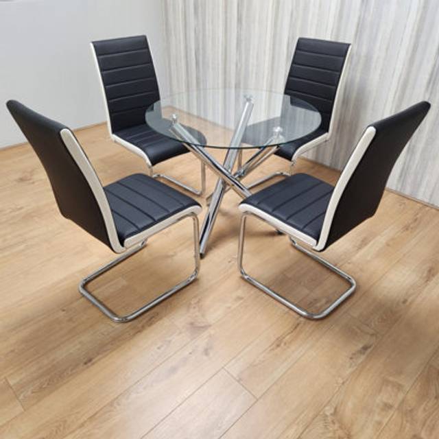 Portland 4 Seater Leather Clear Glass Round Dining Set Black and White - Multi
