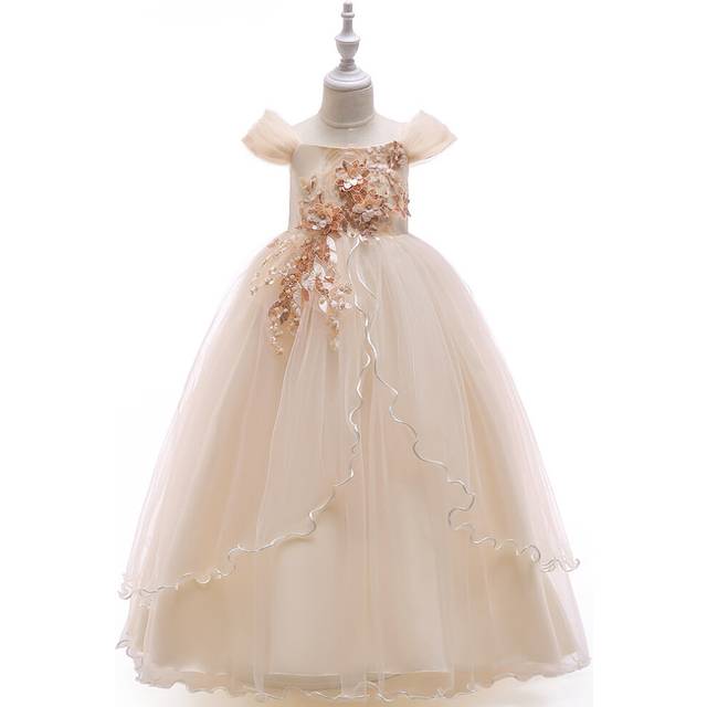 (150, Gold) Kid Flower Girls Bridesmaid Dress Lace Bow Wedding Party Princess Maxi Gown Prom