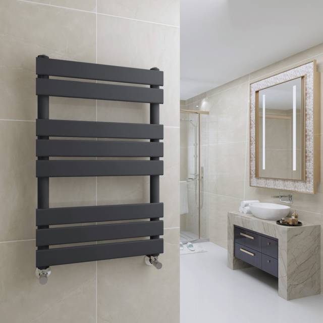 Minimalist bathroom flat panel heated towel rail radiator sand grey 800x500mm