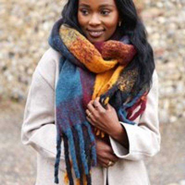 Thick Burgundy, Navy and Mustard Winter Scarf - navy/red/yellow - one size