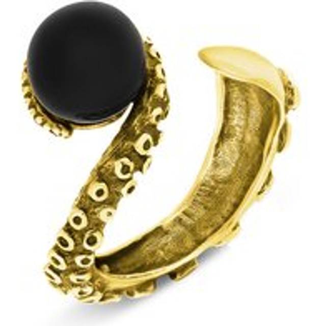 9ct Yellow Gold Whitby Jet Bead Swirl Tentacle Ring - Gold