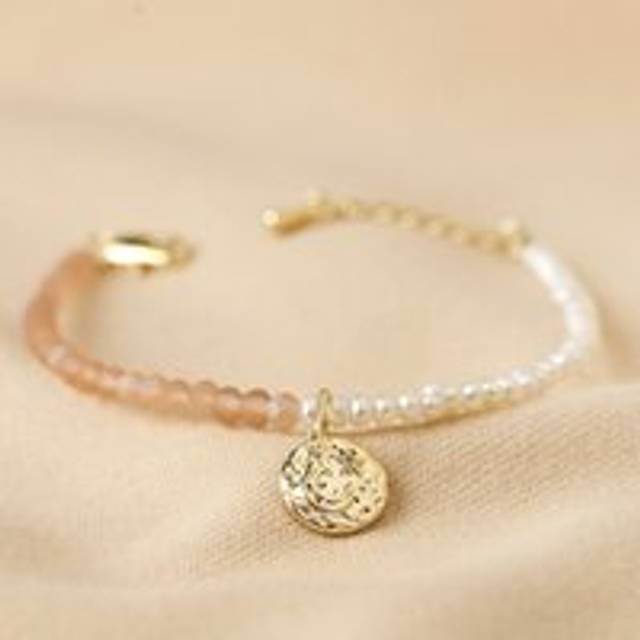Talisman Moon Charm Pink and Pearl Beaded Bracelet in Gold - pink/white/gold - one size