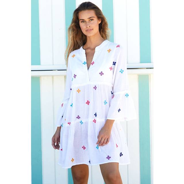 Cristina Embroidered Kaftan | White/ Multi - Yellow/Orange