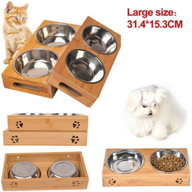 (  31.4*15.3*6cm) Dog Food large Feeding Stand Station Stainless Pet Double Bowls Stand Cat Wooden