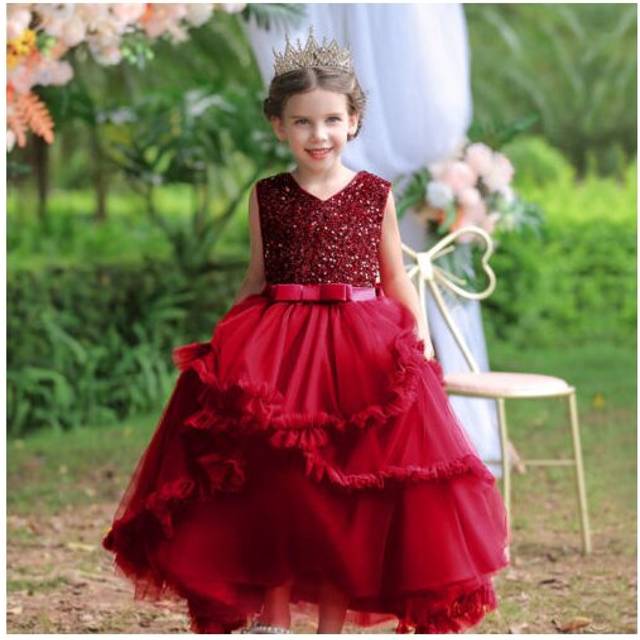 (Red, 150/8-9 Years) Kids Flower Girls Wedding Bridesmaid Party Sequins Formal Princess Tutu Dress