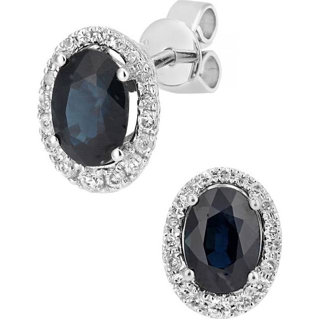 Diamant L'Eternel Womens 9ct White Gold Diamond and Sapphire Gemstone Oval Cut Stud Earrings - One Size