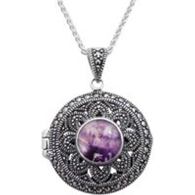 Sterling Silver Blue John Marcasite Round Floral Locket Necklace - Silver