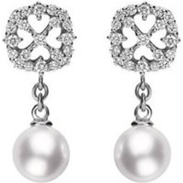 Mikimoto 18ct White Gold Diamond 4mm White A+ Akoya Pearl Drop Earrings - Option1 Value White Gold