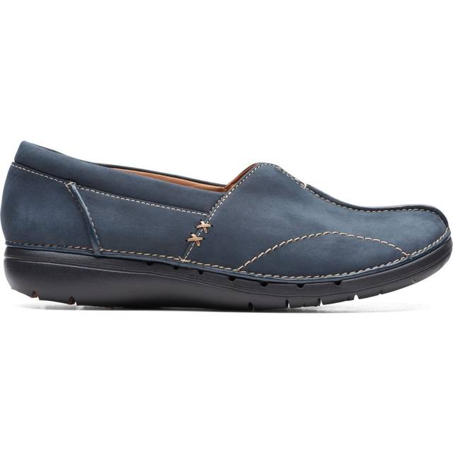 Clarks womens flat shoes unloop stride leather slip on navy uk size