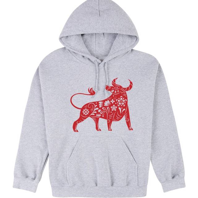 (2XL) Chinese Zodiac New Year OX Bull Cow Animal Grey Hooded Sweater Mens Hoodie