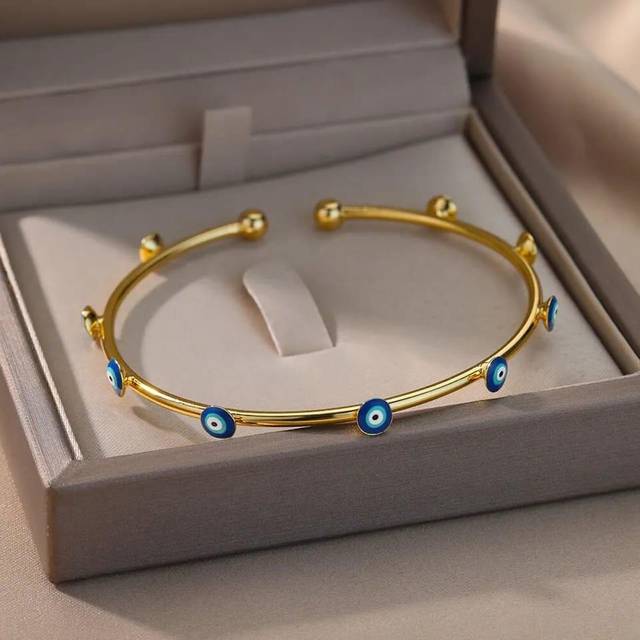 Turkish Evil Eye Adjustable Boho Geometric Open Bracelet Bangle - Blue - One Size