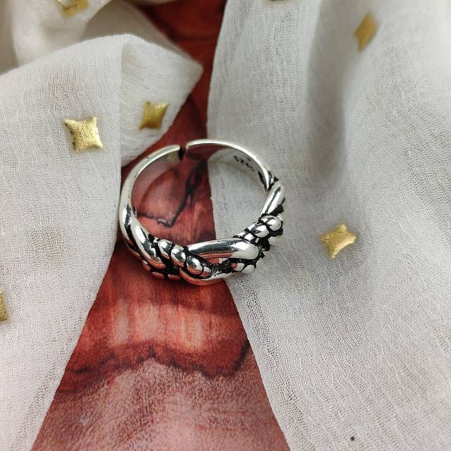 Sterling Silver Chain Thick Band Adjustable Open Stacking Ring - One Size