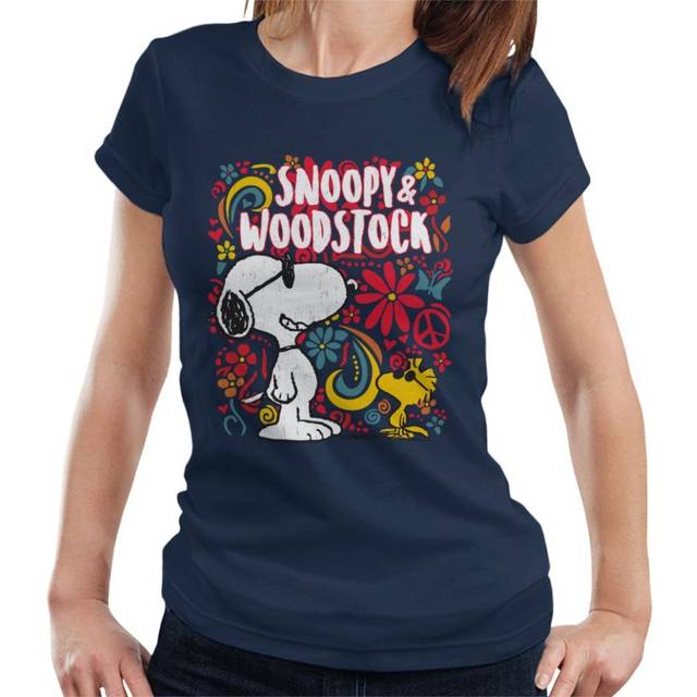 70s Floral Snoopy And Woodstock Peanuts T-Shirt - Navy - M
