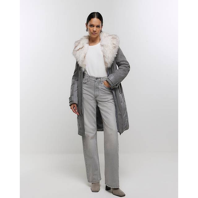 River Island Womens Grey Faux Fur Collar Belted Jacket - 14